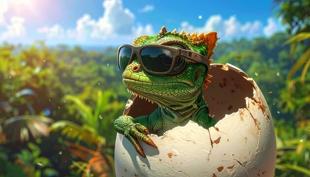 Cool lizard wearing sunglasses emerging from its egg with a tropical forest in the background, symbolizing new beginnings and a refreshing start