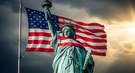 Naklejka premium Statue of liberty with american flag celebrating independence day usa