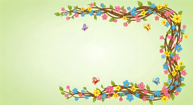 Colorful cartoon vine frame with butterflies and spring flowers on soft light green gradient backdrop.