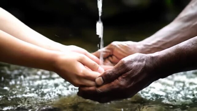 Elegant wide video of natural spring, transitioning to diverse hands cupping pure, slow-motion water droplets in soft light against bokeh. Concept for wellness advertising