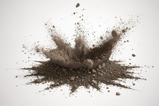 Dynamic explosion of brown earth and rock fragments isolated on a white background