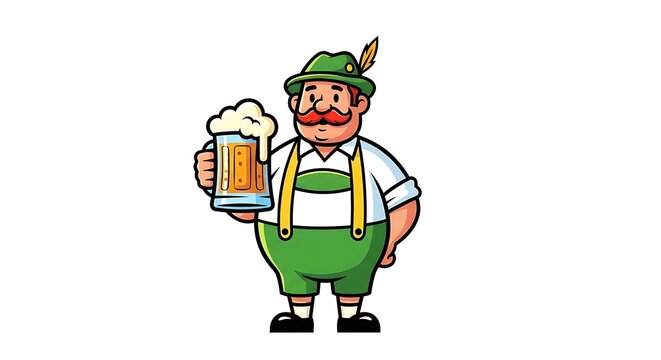 Cartoon depiction of a portly man in traditional Bavarian attire, holding a frothy beer stein