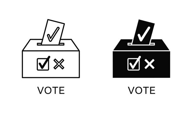 Vector illustration of black and white vote box icons with checkmark and cross symbols on isolated white background