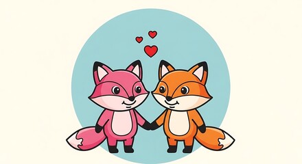 Fototapeta premium Cartoon foxes holding hands, hearts floating above, on a light blue circle backdrop