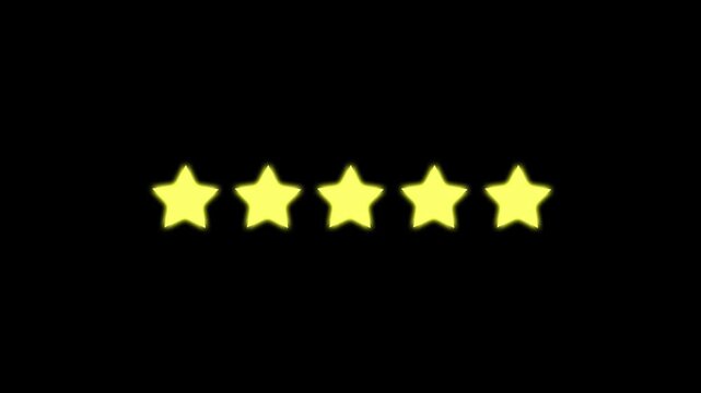 Five Golden Glowing Stars Rating Animation, 5 Star Review Feedback Concept with Reflection on Black Background, Premium Quality Service Ranking Motion Graphics for E-commerce and Testimonials, 4k