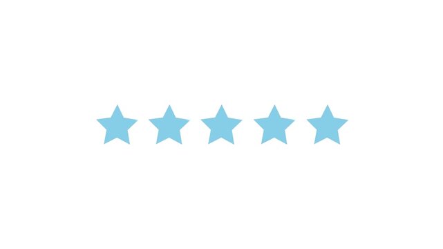 Customer review Feedback, Glowing Cyan Review Symbols with Reflection on white Background, 5 Stars Ranking Animation, Five Stars Rating Concept, 5 star rating concept animation, star review concept,4k