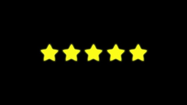 Five stars rating animation and golden star glowing effect and reflection on black background, 5 star review feedback concept for business excellence and customer satisfaction, star icon, star review