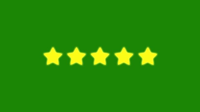 Five stars rating animation and golden star glowing effect and reflection on green background, 5 star review feedback concept for business excellence and customer satisfaction, star icon, star review
