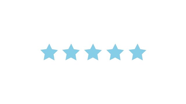 Five stars rating animation with blue glowing effect and reflection on white background, 5 star review feedback concept for business excellence and customer satisfaction, star icon, five star review
