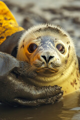 Obraz premium A seal covered in mud with a glove on, perfect for environmental or conservation-themed images