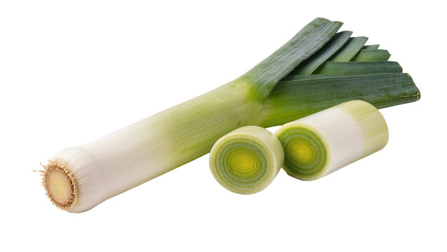 Fresh leek vegetable with sliced cross-sections, isolated on transparent background