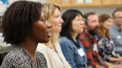 Obraz premium Medium shot showing a group session where an educator explains inhaler techniques for asthma with participants attentive faces slightly out of focus.