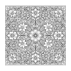 Obraz premium Botanical Flower Pattern For Rug Design. Floral Coloring Book Page. Flower Outline Pattern For Coloring. Black And White Flowers. Natural Background