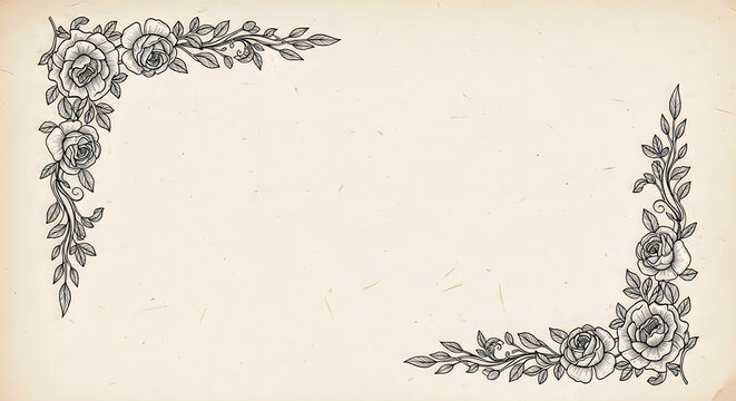 Vintage black and white rose floral border design on aged paper texture background.