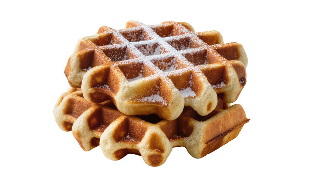Golden brown Belgian waffles dusted with powdered sugar, isolated on transparent background