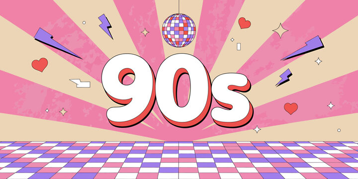 Retro 90s themed colorful graphic design with disco ball and decorative elements