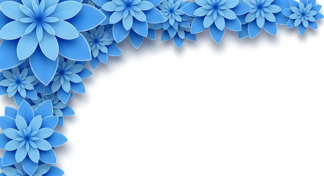 Blue flower corner accent with layered petals on a bright white background.