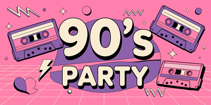 Nostalgic 90s party theme with cassette tapes and retro graphics elements