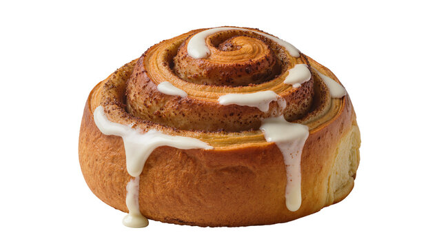 Golden brown cinnamon roll with drippy white icing, isolated on transparent background