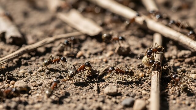 Macro shot of an active ant colony, worker ants diligently transporting fragments across rough soil. This close-up highlights their industrious nature and complex social organization