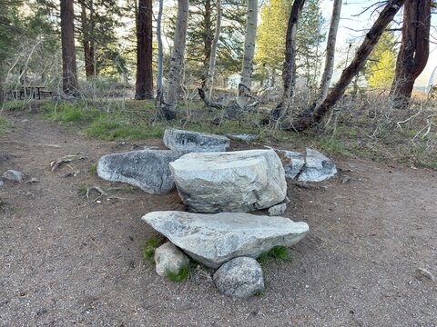 Natural Forest Clearing with Boulder Seating: Large boulder formation on a forest floor naturally forming a seating and gathering area with a rustic stone table setup.