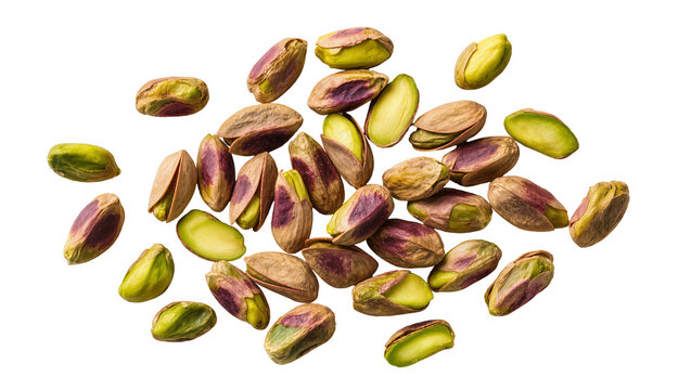 Scattered shelled pistachios with purple skin and green kernels, isolated on transparent background