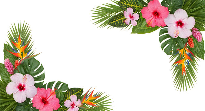 Tropical hibiscus and palm leaf corner frame background with exotic jungle greenery on white surface.