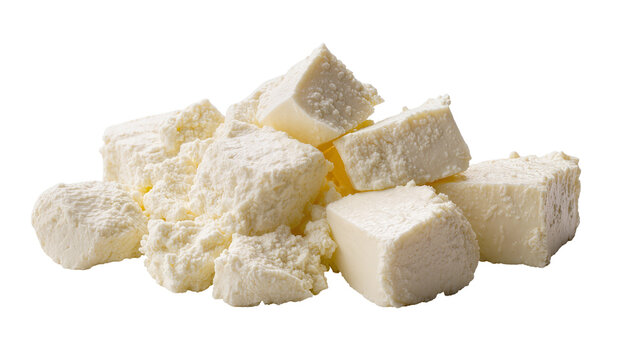 Crumbled feta cheese cubes fresh and creamy, isolated on transparent background