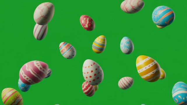 Easter eggs falling on green screen for festive holiday overlay