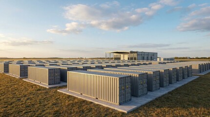 Vast industrial battery energy storage system (BESS) facility with rows of grey containers and a large warehouse in a field at sunset.
