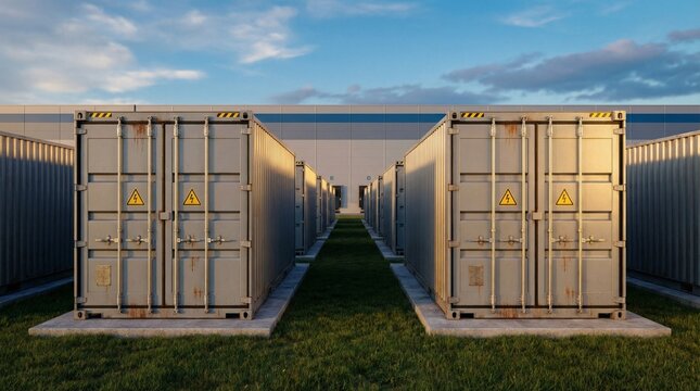 Industrial battery energy storage system (BESS) with rows of grey containers and high voltage signs near a large warehouse at sunset.