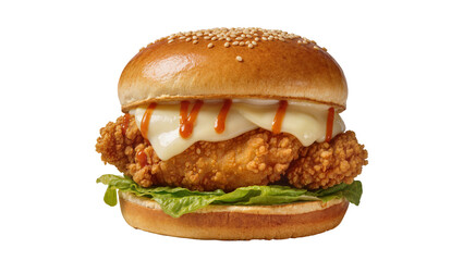 Crispy fried chicken burger with melted cheese and sauce, isolated on transparent background © Irina