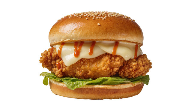 Crispy fried chicken burger with melted cheese and sauce, isolated on transparent background