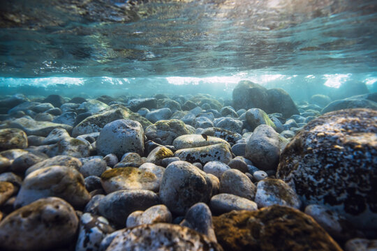 Underwater view of rocky seabed with sunlight rays, clear water and natural marine landscape