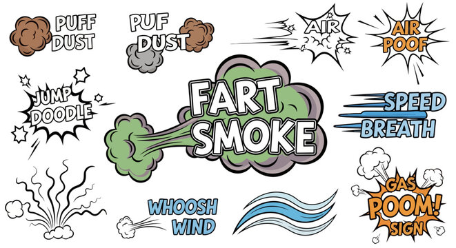Comic Style Speech Bubbles and Sound Effects Set with Fart Smoke Dust Speed and Wind Graphics