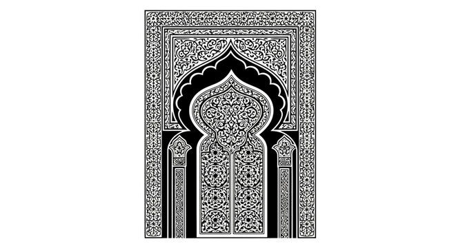 Intricate Islamic Arch Vector Illustration with Arabesque Floral and Geometric Patterns