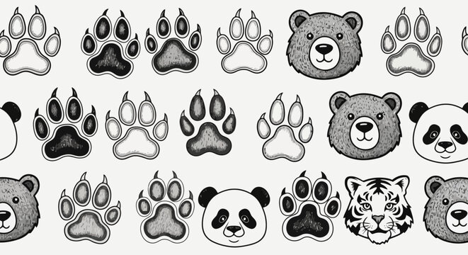 Hand-drawn wildlife pattern featuring bear, panda, and tiger heads with animal paw prints and claw tracks in a sketch style