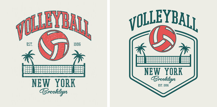 Vintage New York Brooklyn Volleyball Illustration - Retro Beach Volleyball Graphic with Net, Palm Trees, and Ball - Classic Coastal Varsity Style Apparel T-Shirt Design Art