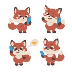 Fototapeta premium A cute fox with a phone. The character uses the device for communication. The fox chats, talks, scrolls, takes pictures, and watches videos.