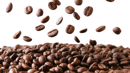 Obraz premium Roasted coffee beans falling into a pile, isolated on transparent background