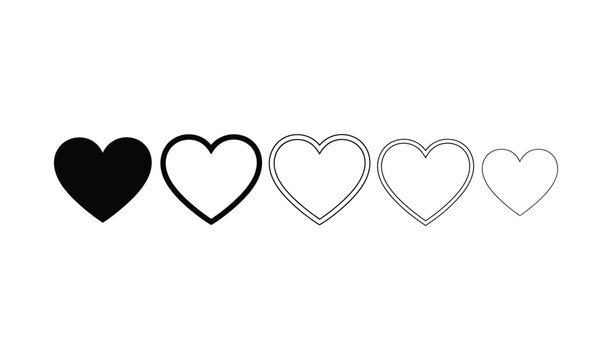 Collection of heart shapes in various line styles and thicknesses on white background