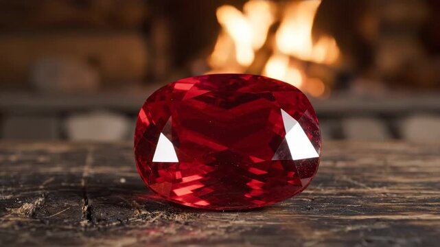 A ruby gemstone with fire background and wooden table