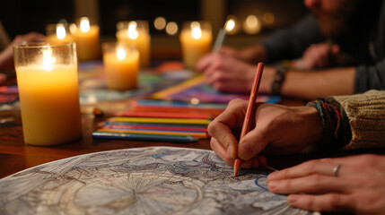 Obraz premium Spring equinox celebration with friends creating collaborative hand-drawn star map, charting constellations with colored pencils on large paper in candlelit gathering, ideal for se