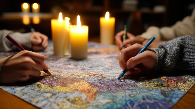 Spring equinox celebration with friends creating collaborative hand-drawn star map, charting constellations with colored pencils on large paper in candlelit gathering, ideal for se