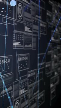 Vertical video: Sweeping camera revealing tiled UI wall in lab, highlighting moving nodes and links