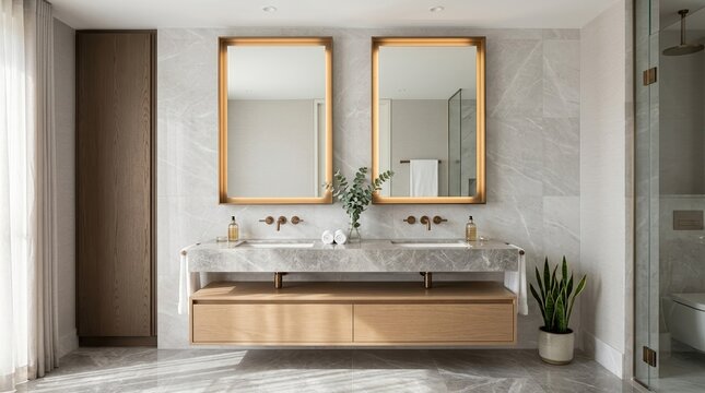 Front-facing composition of a premium bathroom interior showcasing a double sink vanity, mirror with lighting, stone surfaces,