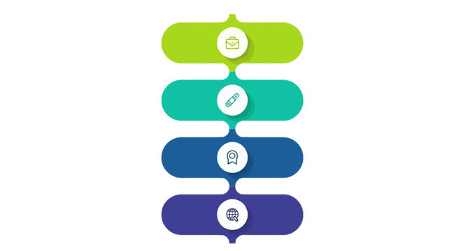 Modern infographic timeline with 4 steps, colorful vertical process diagram, business flow chart vector with icons for presentation and data visualization