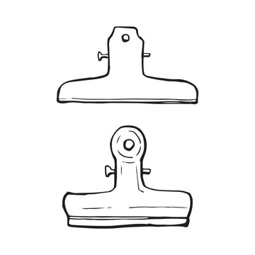 Hand drawn bulldog clip and spring clip set, doodle sketch of foldback paper clamp fastener, front and top view, black outline vector isolated white background.