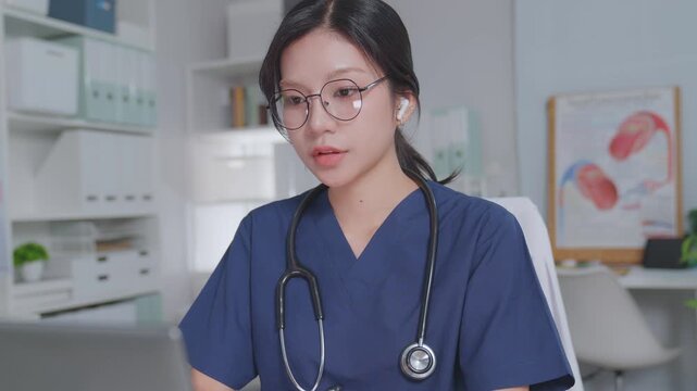 Doctor entering electronic medical records. Medical, asian woman working with computer in  medical consultation at hospital. which are recording diagnoses and patient symptoms.