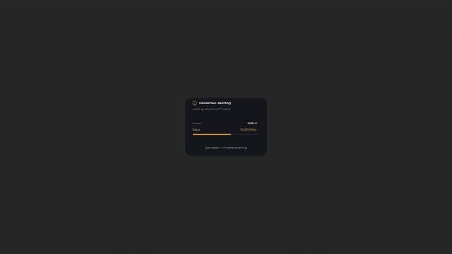 Fintech transaction pending UI animation with circular clock spinner, blinking &ldquo;Confirming&hellip;&rdquo; text, and stalled vertical progress bar. Dark mode SaaS dashboard, 4K alpha loop.